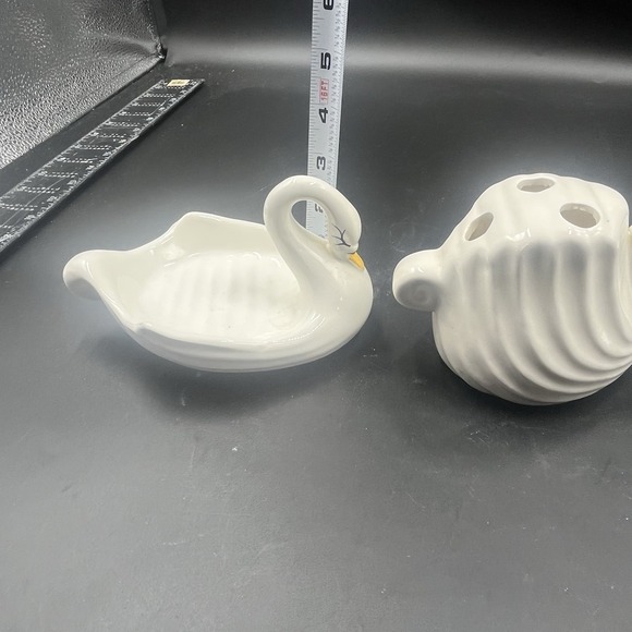 VTG Set Swan Soap Dish Toothbrush Holder MCM Ceramic - Picture 9 of 10